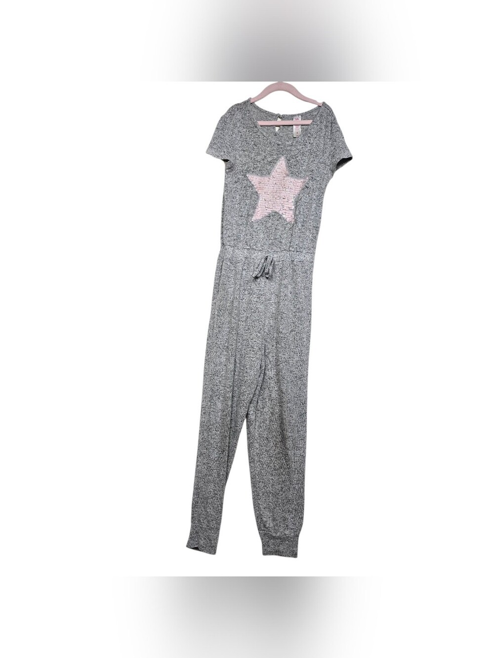 Justice Gray Pink Sequins Star Jumpsuit Keyhole Short Sleeves Stretchy Girls 8
